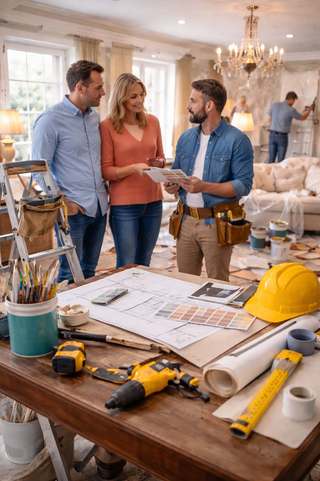 A consultation around renovation plans and tools during a remodeling project.